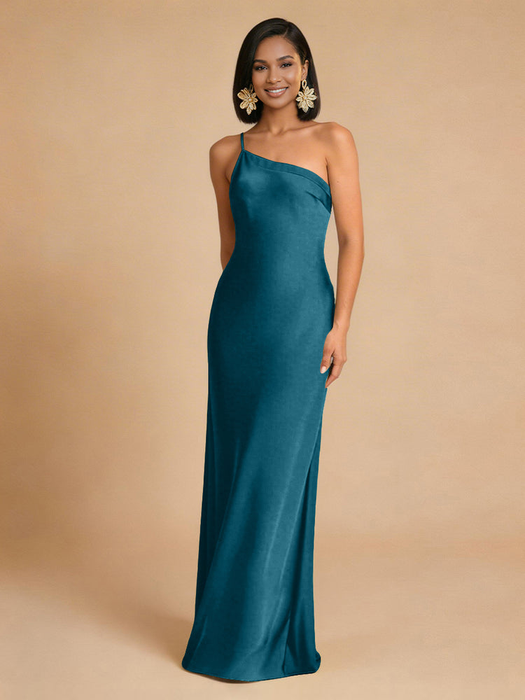 Satin Mermaid One Shoulder Long Simple Bridesmaid Dresses
