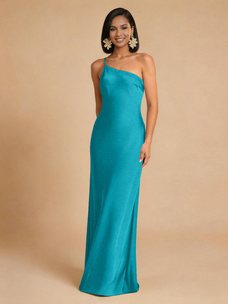 Satin Mermaid One Shoulder Long Simple Bridesmaid Dresses
