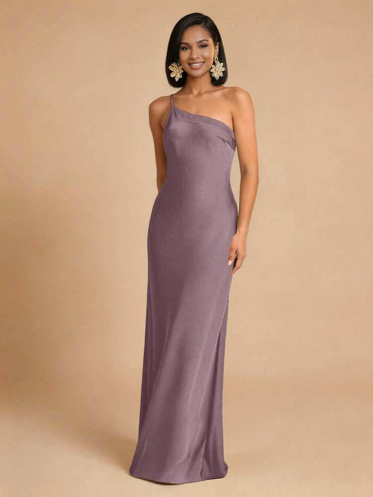 Satin Mermaid One Shoulder Long Simple Bridesmaid Dresses