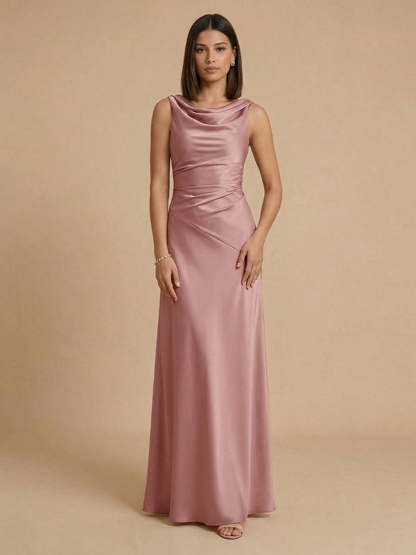 Satin Mermaid Cowl Neck Long Bridesmaid Dresses with Pleats