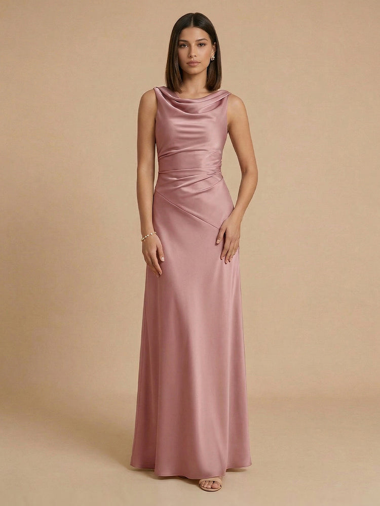 Satin Mermaid Cowl Neck Long Bridesmaid Dresses with Pleats