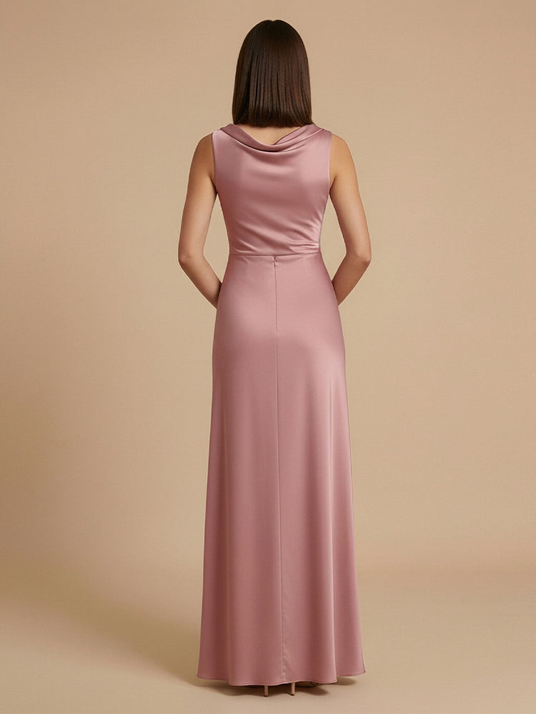 Satin Mermaid Cowl Neck Long Bridesmaid Dresses with Pleats
