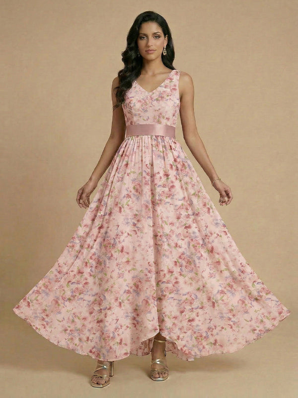 Chiffon Floral A-Line V Neck Long Bridesmaid Dresses with Pleats
