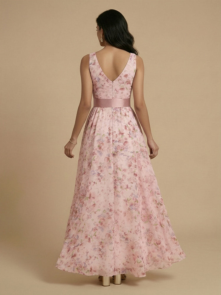 Chiffon Floral A-Line V Neck Long Bridesmaid Dresses with Pleats