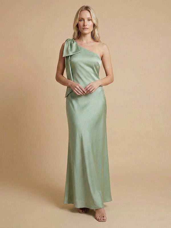 Satin Mermaid One Shoulder Long Bridesmaid Dresses with Bow