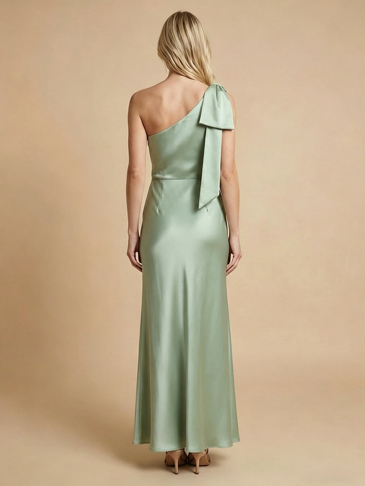 Satin Mermaid One Shoulder Long Bridesmaid Dresses with Bow
