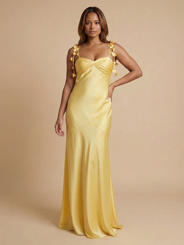 Satin Mermaid Spaghetti Straps Long Bridesmaid Dresses with 3D Flowers
