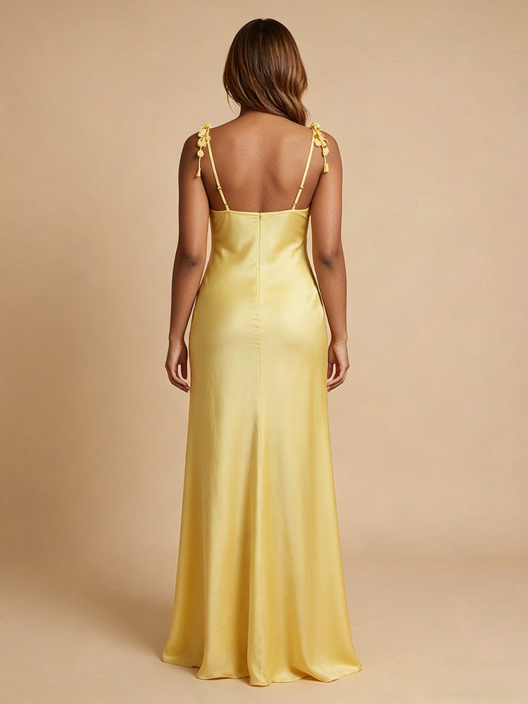 Satin Mermaid Spaghetti Straps Long Bridesmaid Dresses with 3D Flowers
