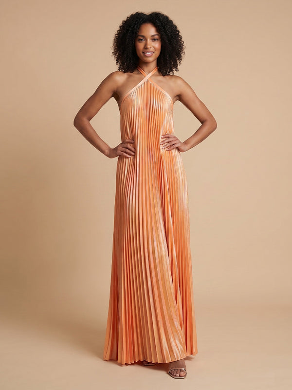 Chiffon A-Line Halter Long Bridesmaid Dresses with Pleats