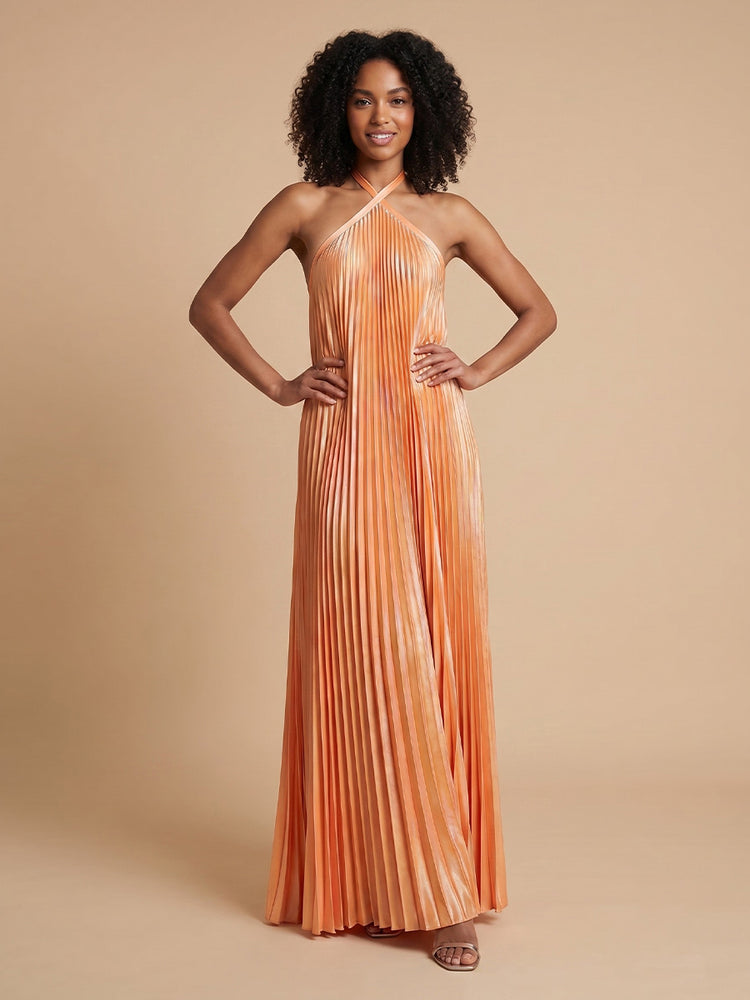 Chiffon A-Line Halter Long Bridesmaid Dresses with Pleats