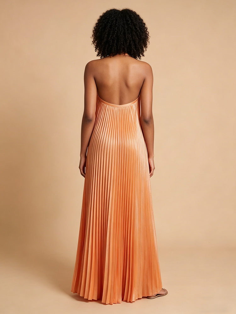 Chiffon A-Line Halter Long Bridesmaid Dresses with Pleats