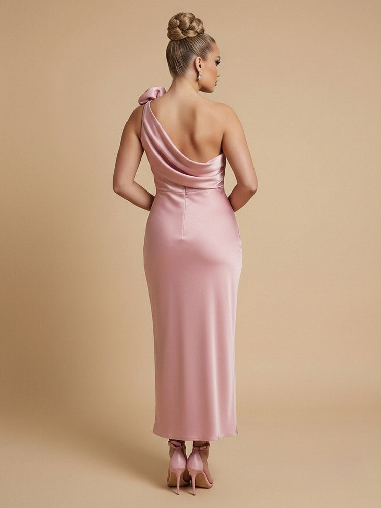 Satin Sheath One Shoulder Long Bridesmaid Dresses with 3D Flowers