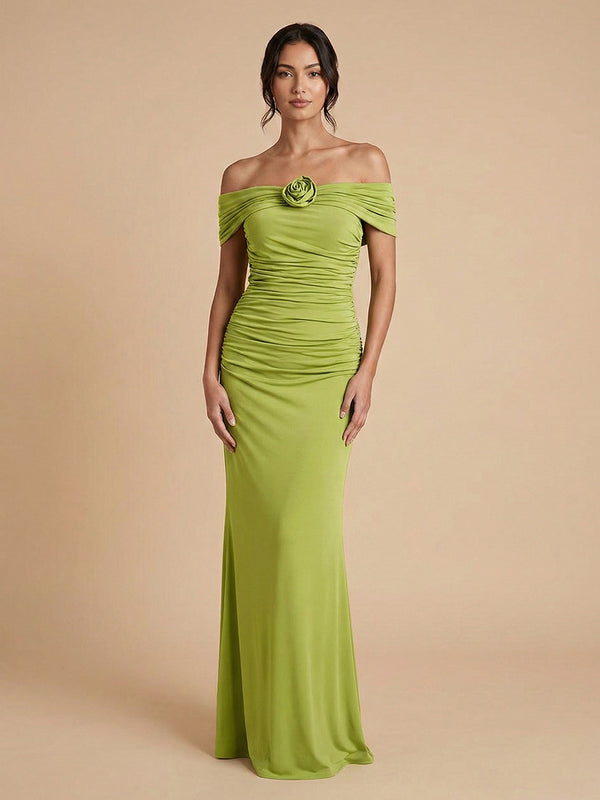 Jersey Mermaid Off the Shoulder Long Bridesmaid Dresses with 3D Flowers