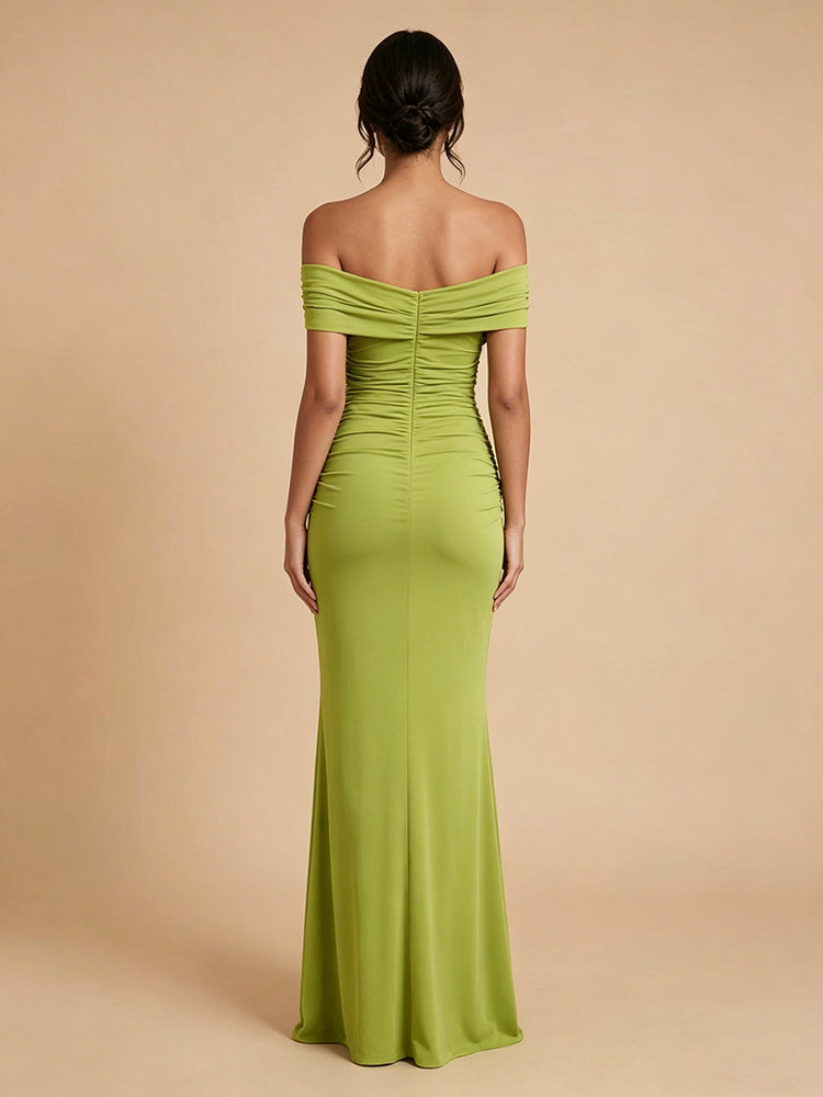 Jersey Mermaid Off the Shoulder Long Bridesmaid Dresses with 3D Flowers