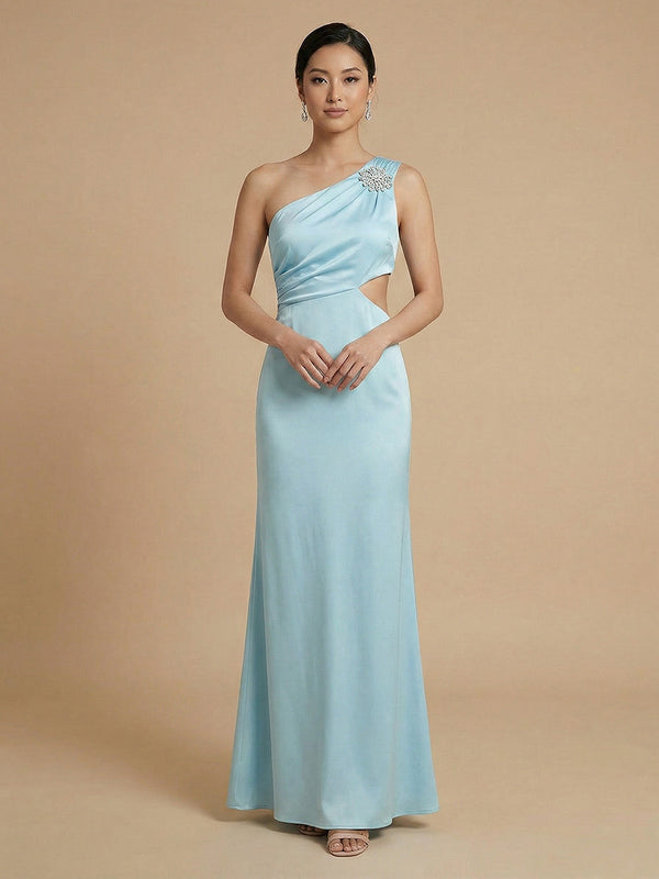 Satin Mermaid One Shoulder Long Beaded Bridesmaid Dresses with Cutout
