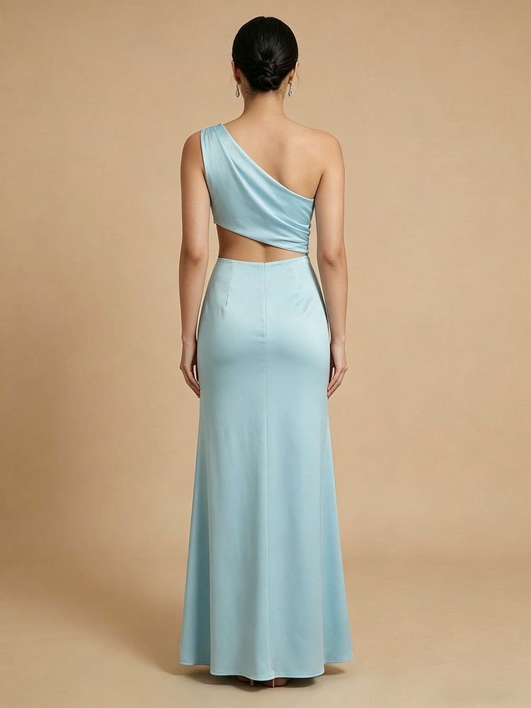 Satin Mermaid One Shoulder Long Beaded Bridesmaid Dresses with Cutout