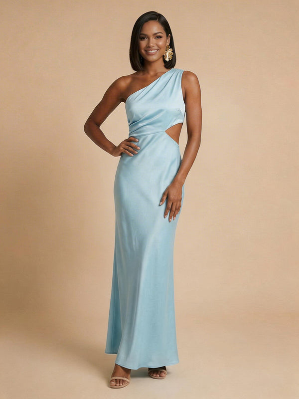 Satin Mermaid One Shoulder Long Bridesmaid Dresses with Cutout