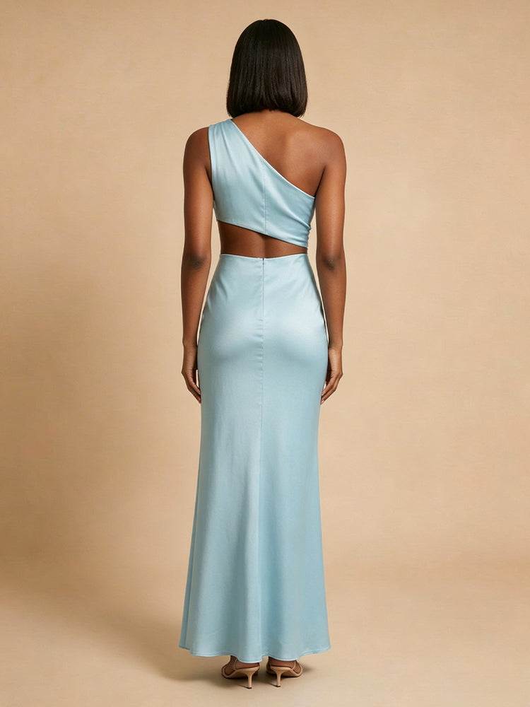 Satin Mermaid One Shoulder Long Bridesmaid Dresses with Cutout
