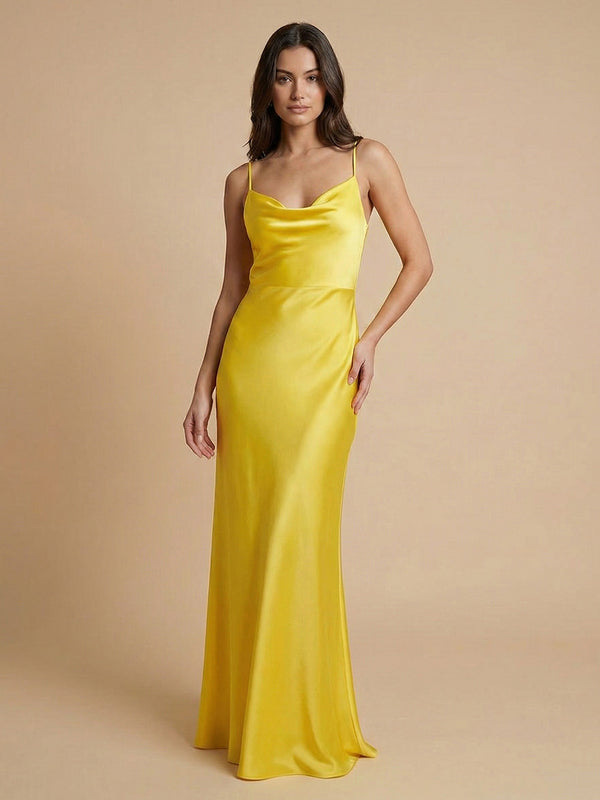 Satin Mermaid Cowl Neck Floor Length Simple Bridesmaid Dresses