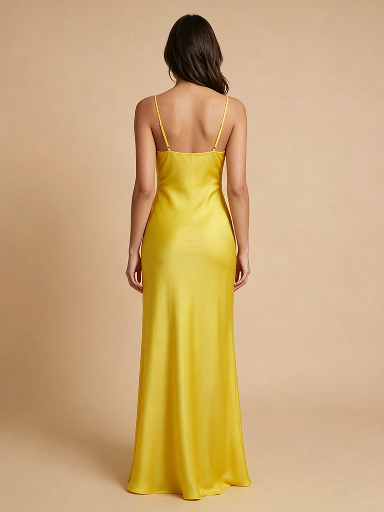 Satin Mermaid Cowl Neck Floor Length Simple Bridesmaid Dresses