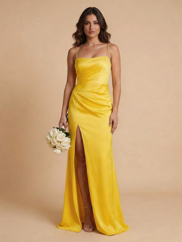 Satin Mermaid Spaghetti Straps Long Bridesmaid Dresses with Front Slit