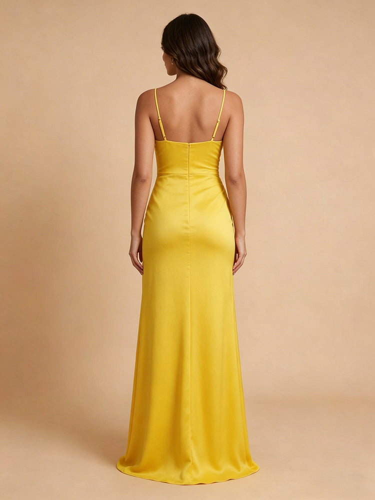 Satin Mermaid Spaghetti Straps Long Bridesmaid Dresses with Front Slit