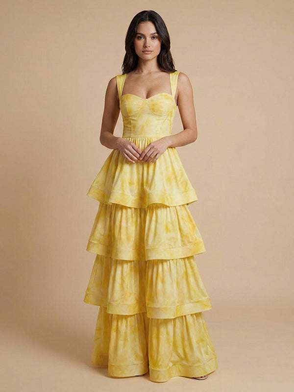 Satin A-Line Sweetheart Long Bridesmaid Dresses with Tiered Ruffles