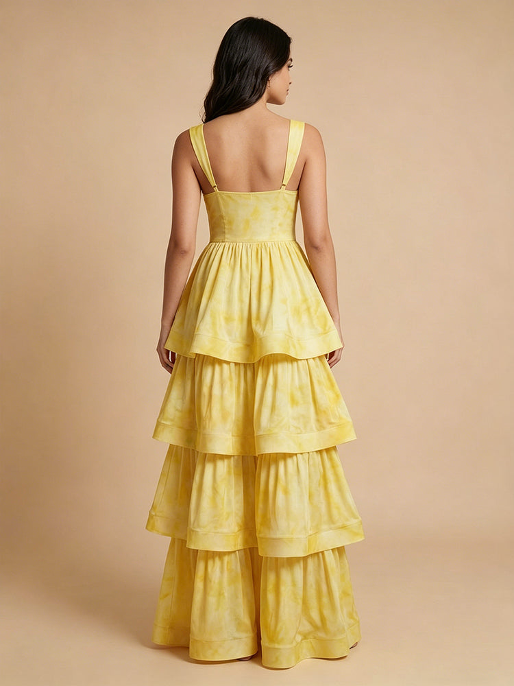 Satin A-Line Sweetheart Long Bridesmaid Dresses with Tiered Ruffles