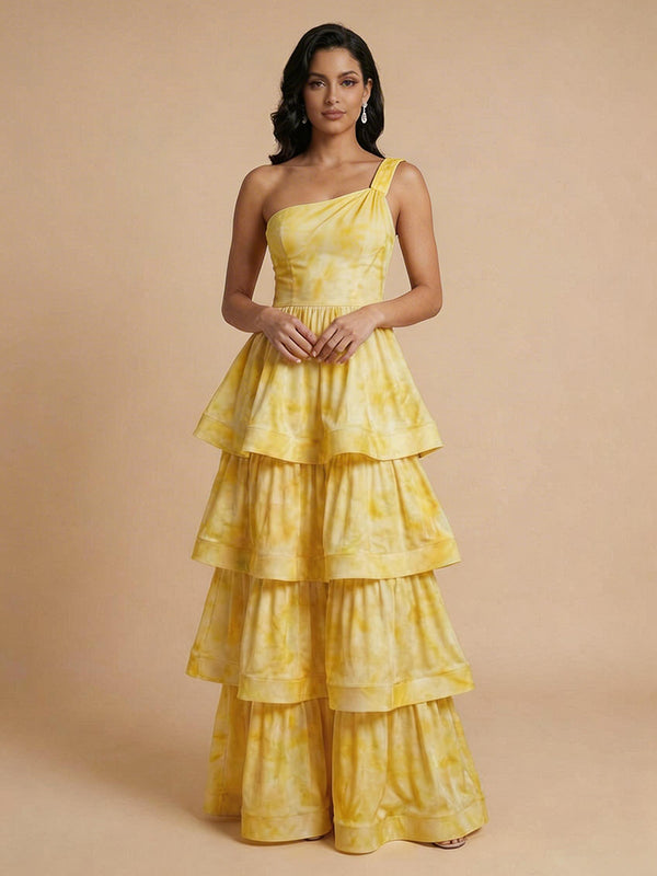 Satin A-Line One Shoulder Long Bridesmaid Dresses with Tiered Ruffles
