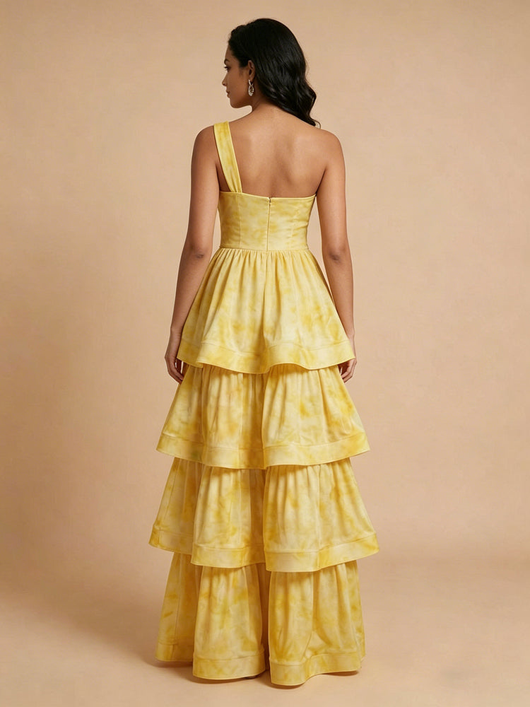 Satin A-Line One Shoulder Long Bridesmaid Dresses with Tiered Ruffles
