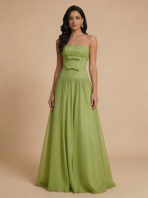 Chiffon A-Line Strapless Long Bridesmaid Dresses with Bow