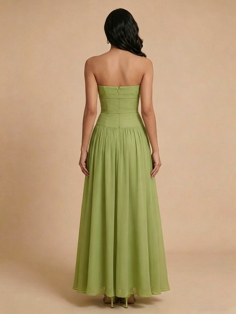 Chiffon A-Line Strapless Long Bridesmaid Dresses with Bow