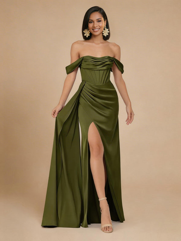 Satin Mermaid Off the Shoulder Long Bridesmaid Dresses with Side Slit
