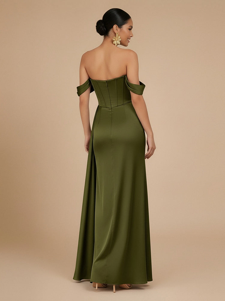 Satin Mermaid Off the Shoulder Long Bridesmaid Dresses with Side Slit