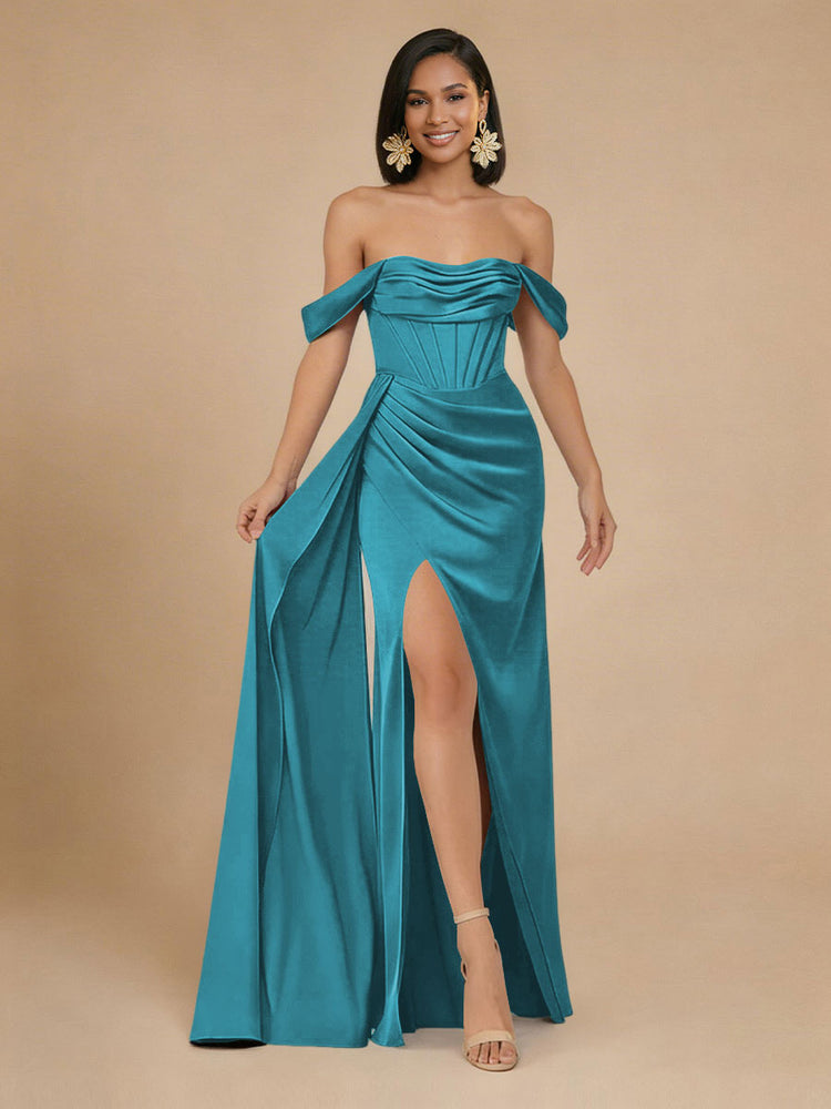 Satin Mermaid Off the Shoulder Long Bridesmaid Dresses with Side Slit