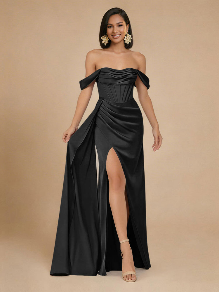 Satin Mermaid Off the Shoulder Long Bridesmaid Dresses with Side Slit
