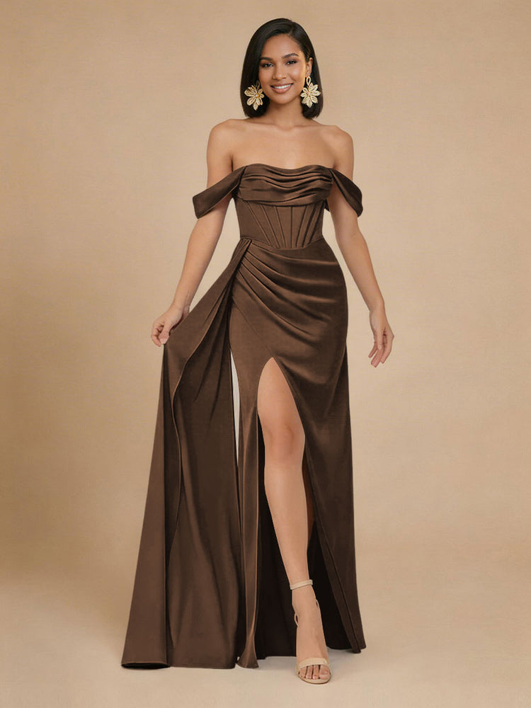 Satin Mermaid Off the Shoulder Long Bridesmaid Dresses with Side Slit