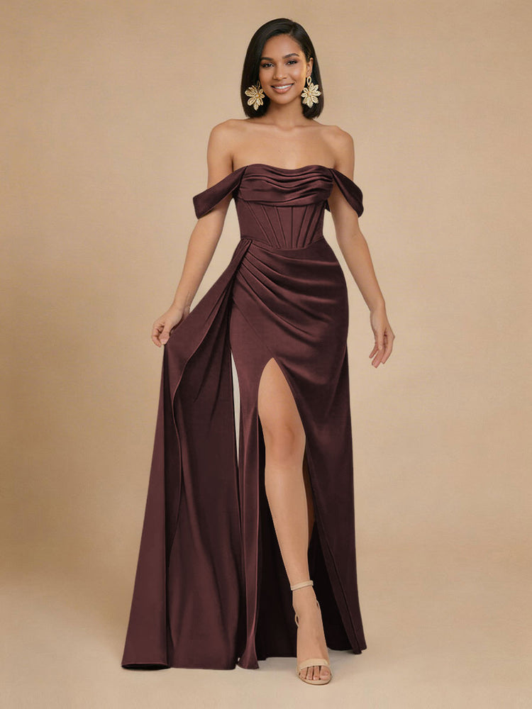 Satin Mermaid Off the Shoulder Long Bridesmaid Dresses with Side Slit