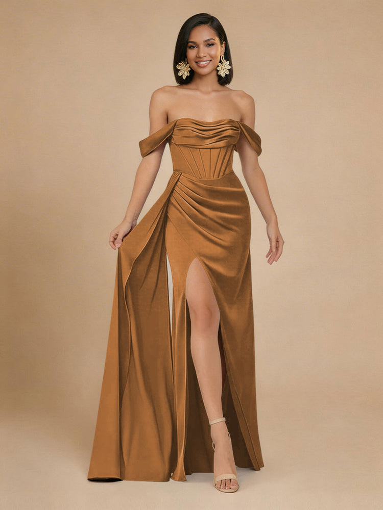 Satin Mermaid Off the Shoulder Long Bridesmaid Dresses with Side Slit
