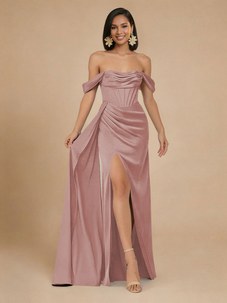 Satin Mermaid Off the Shoulder Long Bridesmaid Dresses with Side Slit