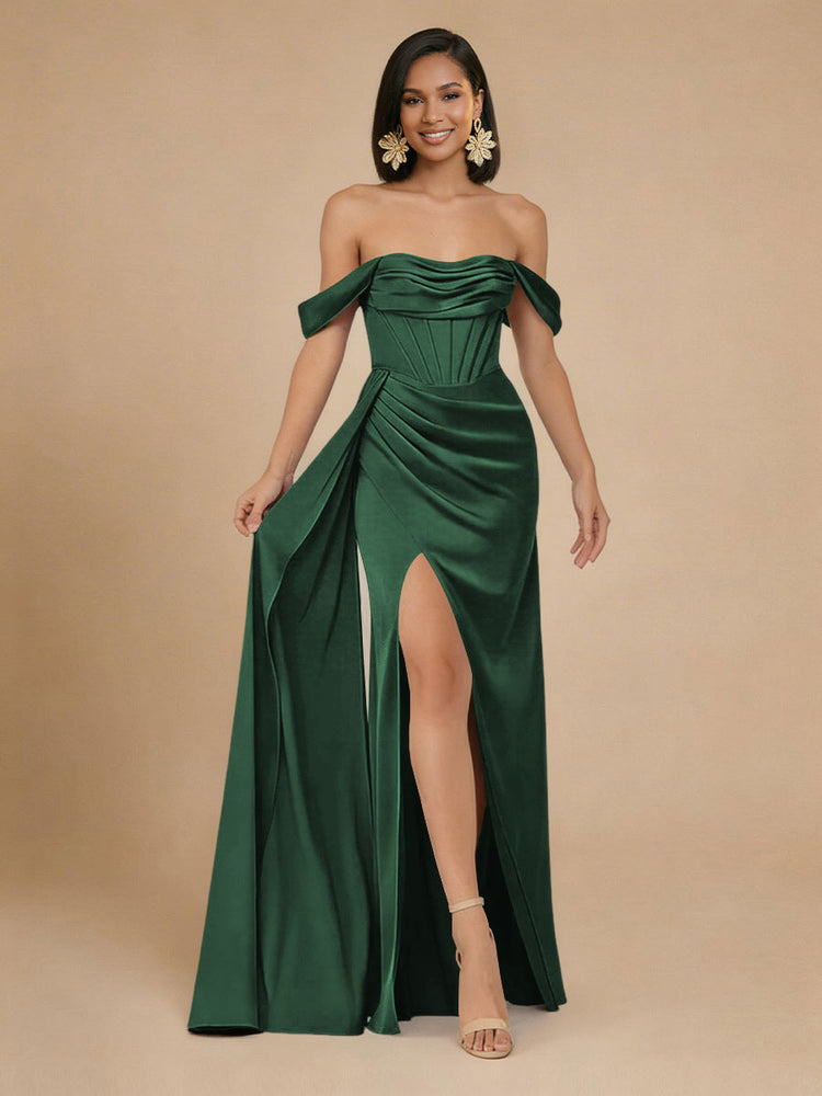 Satin Mermaid Off the Shoulder Long Bridesmaid Dresses with Side Slit