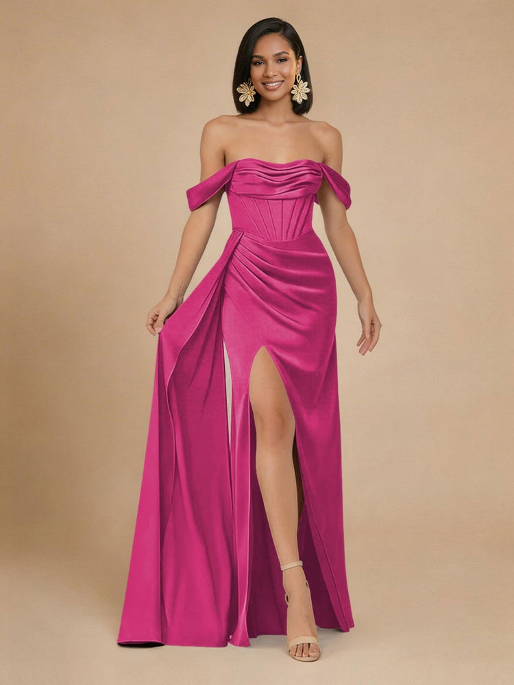 Satin Mermaid Off the Shoulder Long Bridesmaid Dresses with Side Slit