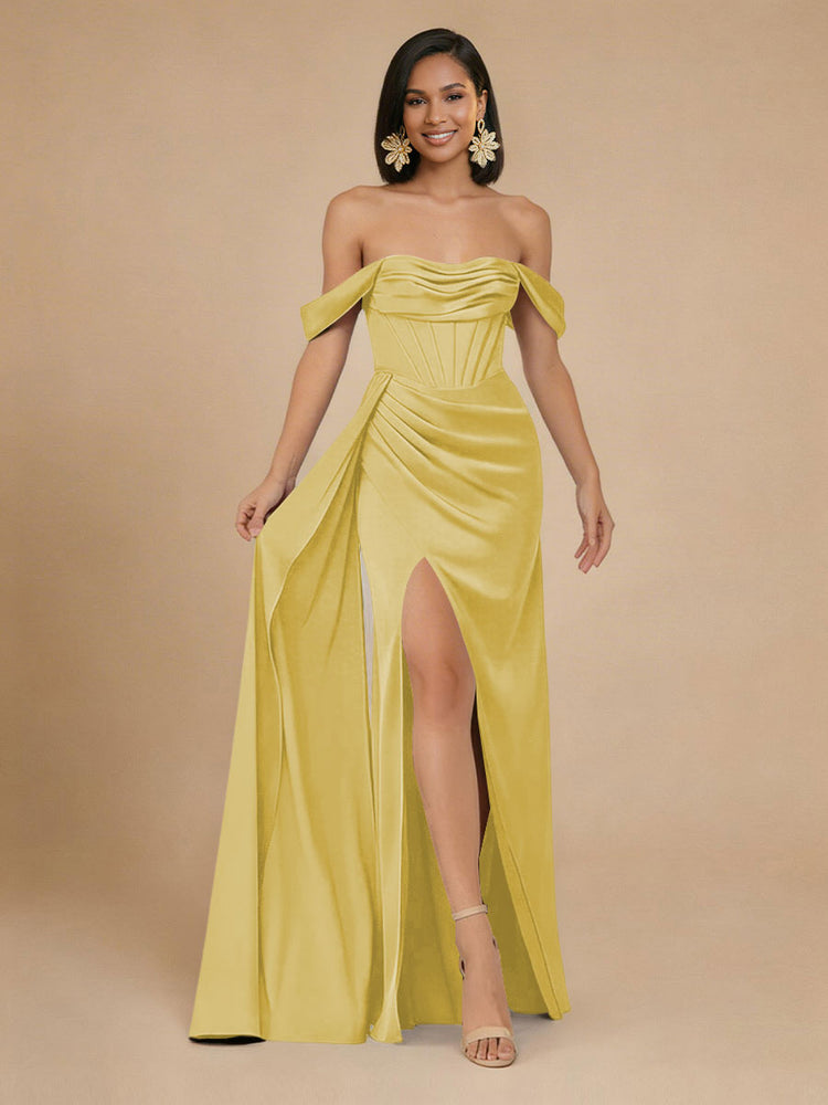 Satin Mermaid Off the Shoulder Long Bridesmaid Dresses with Side Slit