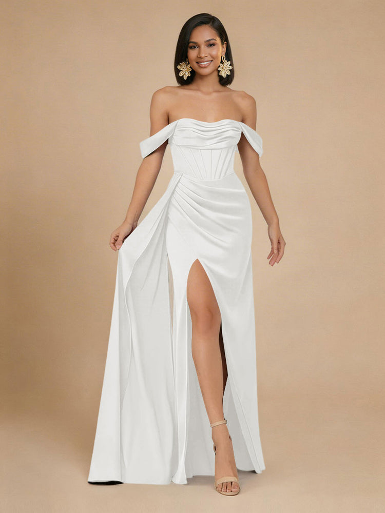 Satin Mermaid Off the Shoulder Long Bridesmaid Dresses with Side Slit