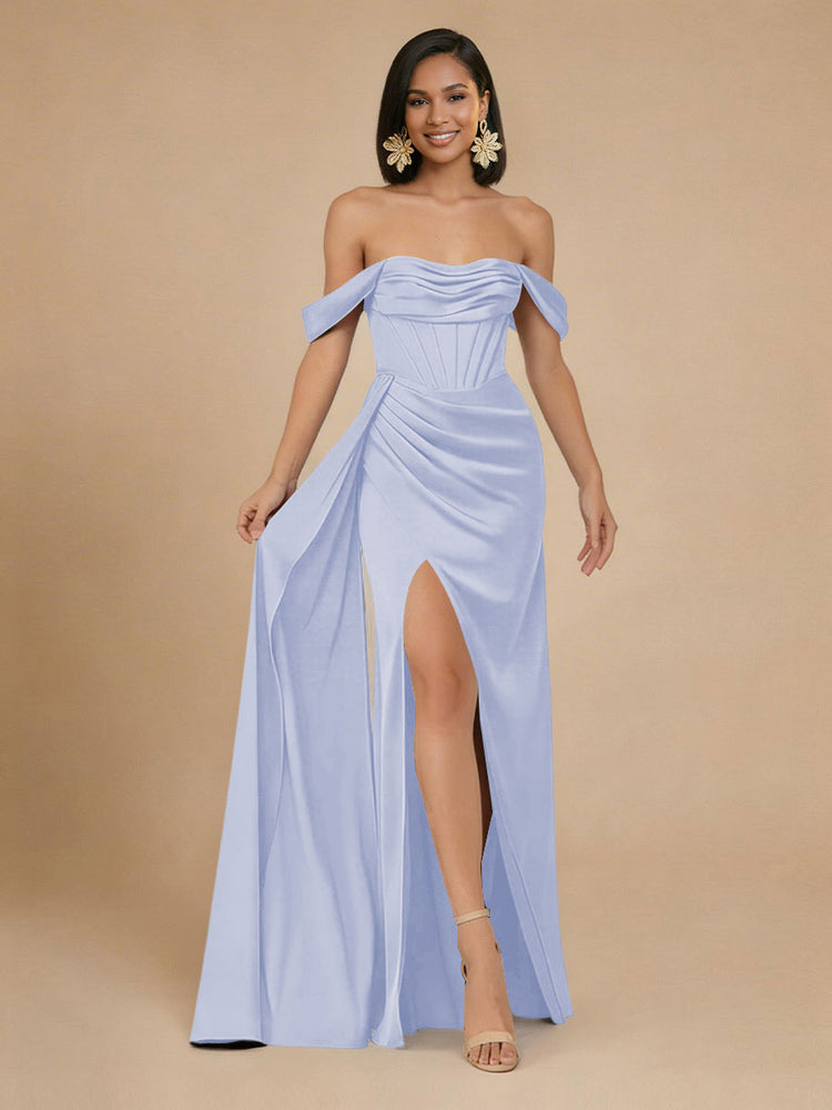 Satin Mermaid Off the Shoulder Long Bridesmaid Dresses with Side Slit