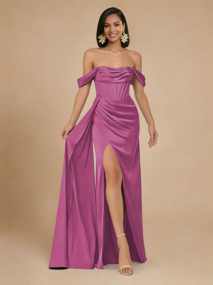 Satin Mermaid Off the Shoulder Long Bridesmaid Dresses with Side Slit