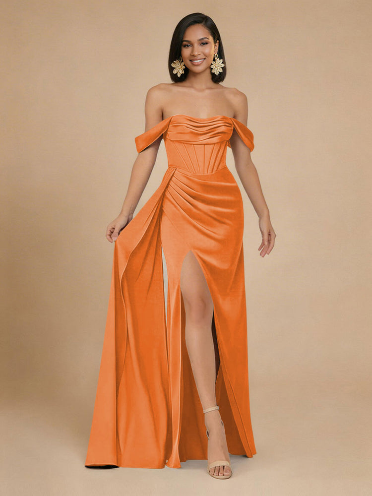 Satin Mermaid Off the Shoulder Long Bridesmaid Dresses with Side Slit