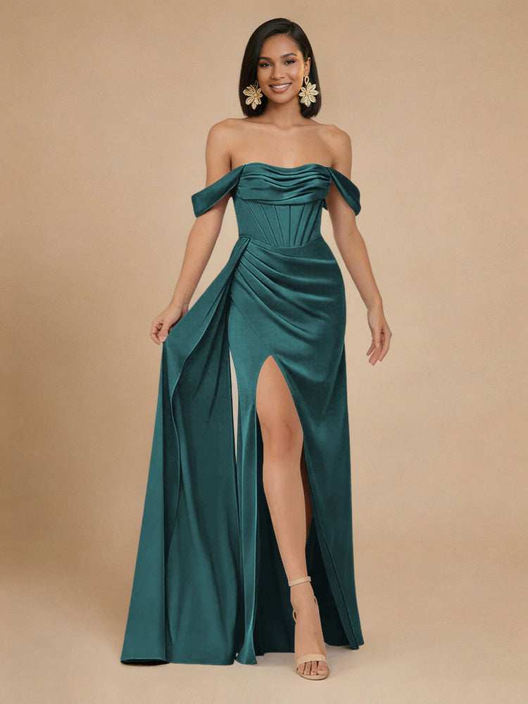 Satin Mermaid Off the Shoulder Long Bridesmaid Dresses with Side Slit