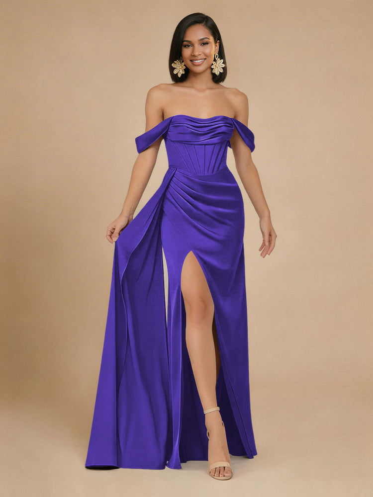 Satin Mermaid Off the Shoulder Long Bridesmaid Dresses with Side Slit