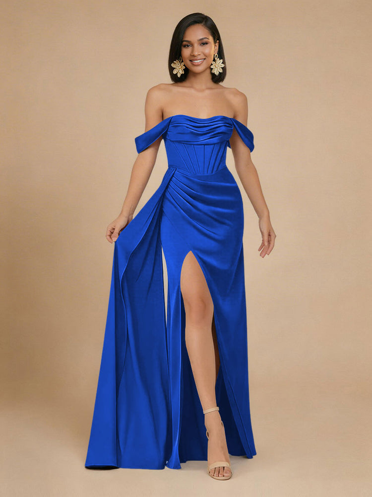 Satin Mermaid Off the Shoulder Long Bridesmaid Dresses with Side Slit